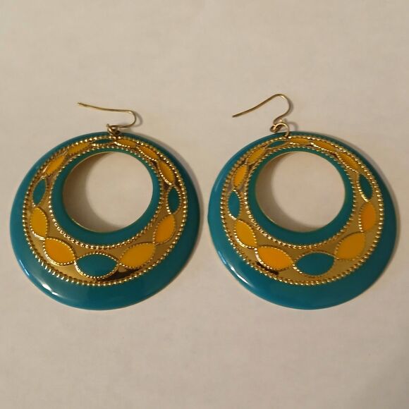 Vtg Turquoise Blue & Gold Crescent Boho Style Hoop Drop Earrings - Picture 1 of 14
